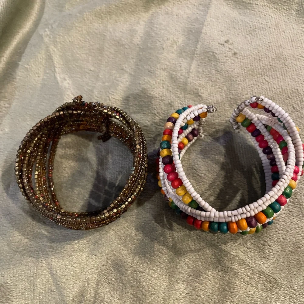 Set of 2 Boho Beaded Cuff Bracelets. Brown & Multi Colored Tones